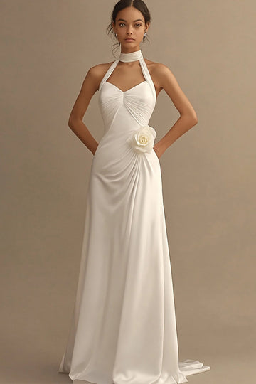 Une ligne blanche dos nu froncé robe de mariée avec fleur 3D